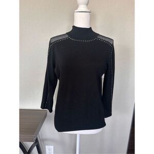 Cable & Gauge Studded Sheer Shoulder 3/4 Sleeve Black Blouse Medium